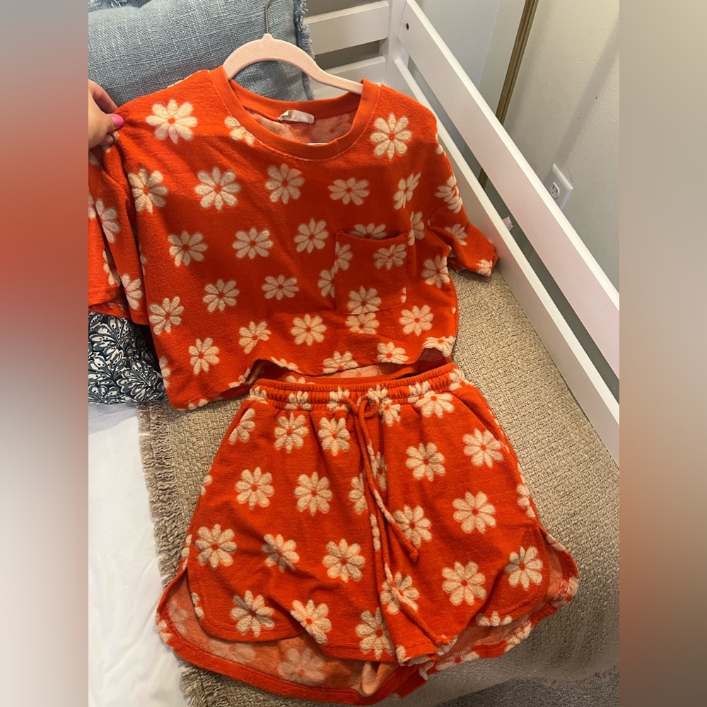 Orange Floral Terry Two Piece Set
